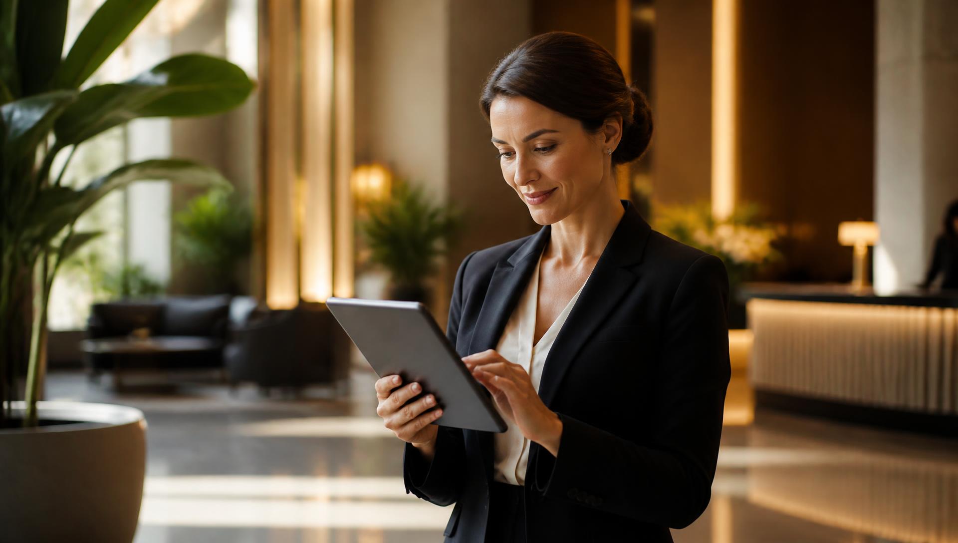 Hospitality revenue leader reviewing strategy in a modern hotel setting